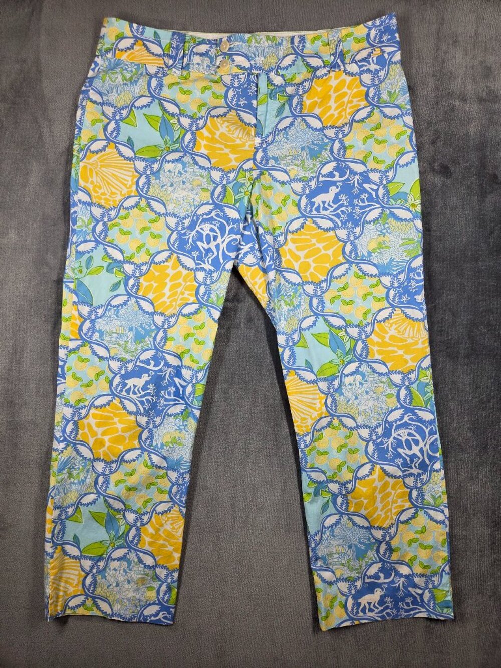Lilly Pulitzer‎ Crop Pants Womens Size 10 Blue Yellow Monkey Lemon Shake It Up